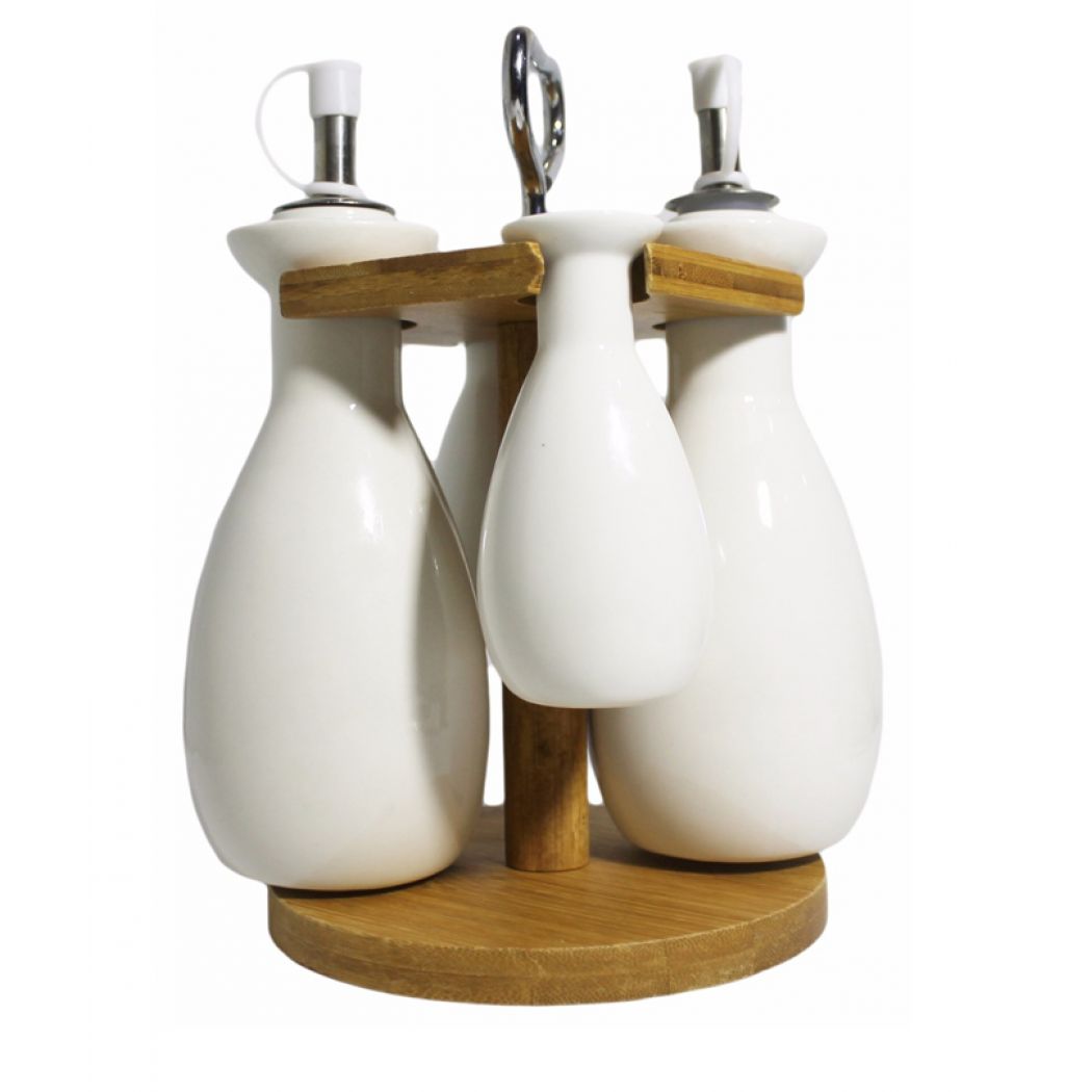 Set Of 5 Ceramic bottles with Wooden Base